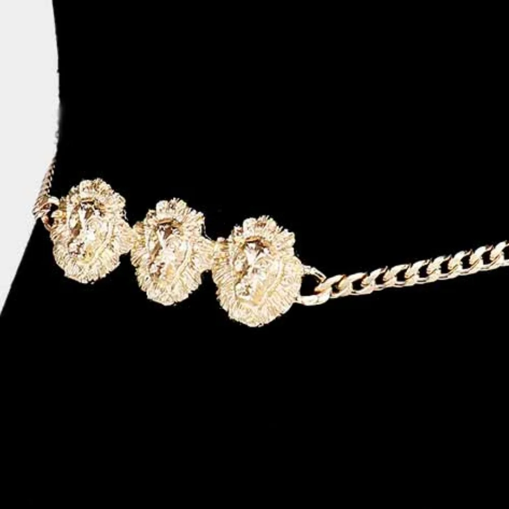 Gold Lionhead Medallion Chain Link Pendant Belt